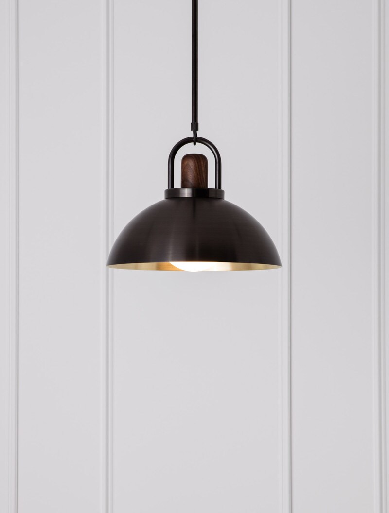 Arc 14" shown in Blackened Brass, Black Walnut, Opal Globe